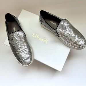 Diane Von Furstenberg DVF Budapest Sequin Designer Sneakers Silver Slip-On US 6